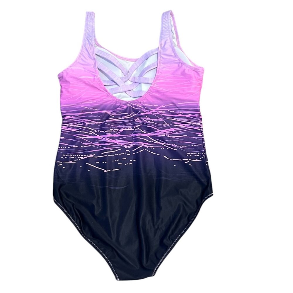 One Piece Swimsuit Purple & Blue Color Block Tummy Control Crisscross Back:Large - Picture 5 of 6